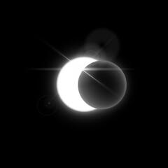 Wall Mural - Solar or moon eclipse with spark and halo effects, vector shiny crescent and globe dark silhouette, white glowing planet