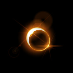Wall Mural - Solar eclipse with sunlight, halo flare and rays, vector realistic gold glow planet eclipse in dark universe, Astronomy