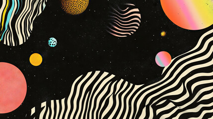Poster - Cosmic abstract design with striped patterns and vibrant squiggles for modern art decor