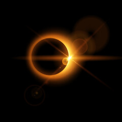 Wall Mural - Solar eclipse with sunlight, halo flare and rays, vector realistic gold glowing planet eclipse in universe, Astronomy