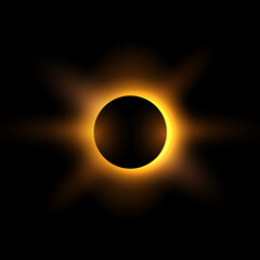 Wall Mural - Solar eclipse with sunlight and rays, vector realistic full planet eclipse in dark universe, golden glowing space planet