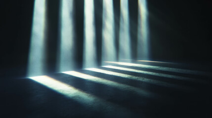 Poster - Enchanting sunlight beams creating mystical light pillars on dark background