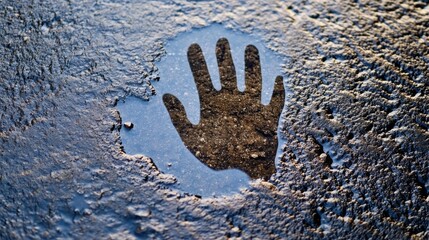 Poster - Hand Shadow Reflecting In A Puddle Of Water On Asphalt