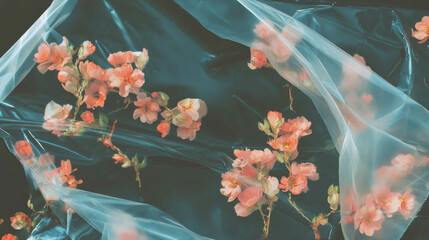 Aufkleber - Spring floral arrangement with pink blossoms wrapped in transparent plastic for creative design