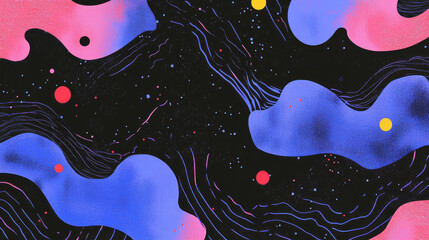 Poster - Abstract wavy lines with colorful squiggles and dots on dark background for creative design