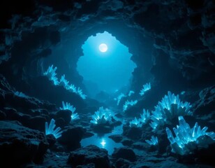 abyssal azure moonlit cavern with bioluminescent crystals