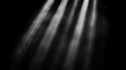 Aufkleber - Ethereal white light beams with gray dust particles on black background