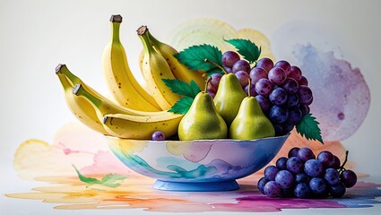 Poster - fresh fruit arrangement featuring bananas, grapes, and pears on a colorful background with watercolo