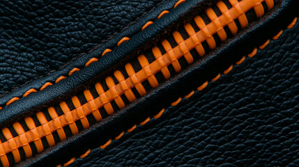 Poster - Detailed close-up of orange zipper on black leather texture for fashion design