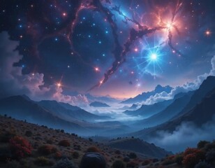 a cosmic valley of glowing stars and celestial wonders