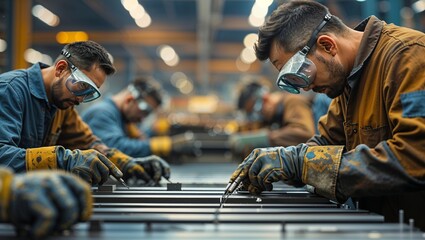 Poster - skilled workers engaged in metalwork assembling components in an industrial workshop during daylight