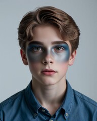 Wall Mural - A teenage male actor in stage makeup close up portrait on plain background