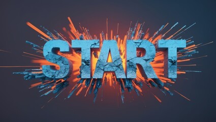 Poster - Colorful explosion of vibrant blue and orange particles forming the word 'START' against a dark background, creating a dynamic and energetic