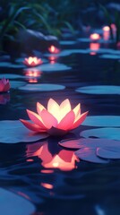 Poster - Glowing lotus flowers with reflections floating on a dark lake