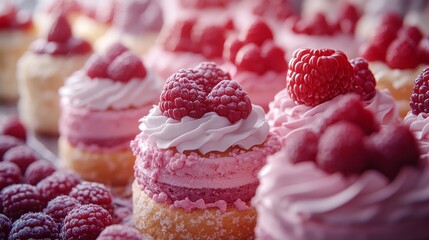 Wall Mural - Numerous cakes, each with a unique color and decorating, are arranged side by side on the table. 