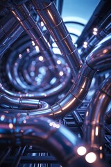 Poster - complex arrangement of metallic pipes illuminated by soft blue lighting in an industrial setting