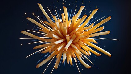 a dynamic arrangement of golden french fries exploding radiantly against a dark backdrop, evoking a 