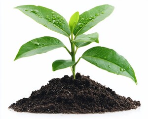 young green plant seedling growing from dark soil, isolated on white.