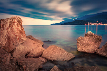 Wall Mural - gloomy summer view of potam public beach. dramatic morning seascape of adriatic sea. stunning citysc