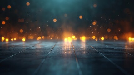 Poster - Dark wood floor illuminated by lights and sparks creating a dynamic visual atmosphere