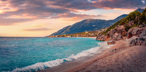 Wall Mural - astonishing summer sunrise on apelistra beach, himare resoprt location. wonderful morning scene of a