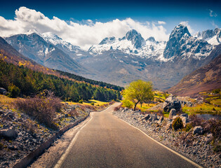 Wall Mural - exciting morning scene of theth national park with snowy peaks on background. attractive spring view