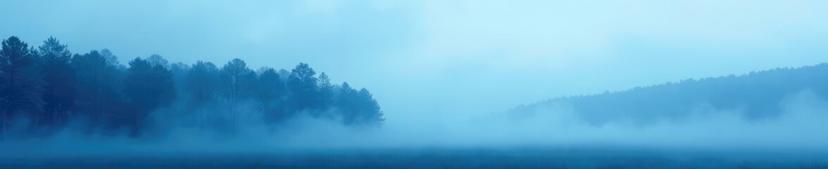 misty forest with a serene blue background and a few white trees in the distance, landscape, mist
