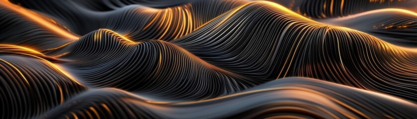 Poster - Computer generated image of a blue wave with a smooth surface and reflections on a dark background