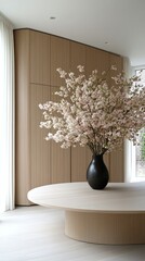 Wall Mural - Light-filled kitchen features a beautiful bouquet of roses and eucalyptus on a smooth table, complemented by a glass nearby