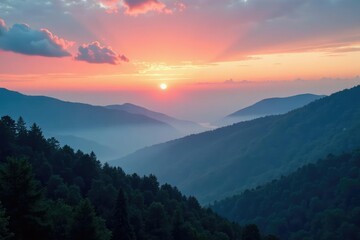 Wall Mural - misty dawn breaking through the smoky mountains, sky, clouds, smoky mountains