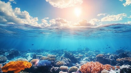 Poster - Sunlight filters through crystal-clear water, illuminating a stunning coral reef teeming with colorful marine life. Lush corals and gentle currents create a serene underwater panorama