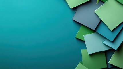 Poster - Blue background with green and gray squares arranged in a modern geometric pattern and photo element