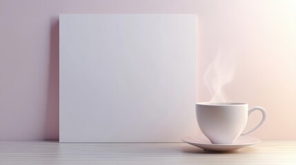 Canvas Print - A white coffee cup with steam and an empty canvas