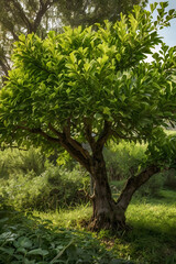 Wall Mural - tree garden park with sky background, realistic tree with green leaf stand alone with beautiful ligh