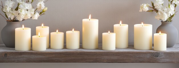 Canvas Print - Rustic shelf adorned with scented candles and a ceramic vase, showcasing shabby chic interior design in a modern living room