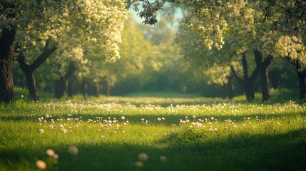 Poster - A tranquil path bordered by blossoming trees invites exploration, where dandelions dance in the gentle breeze under warm sunlight. Nature flourishes in this peaceful spring ambiance