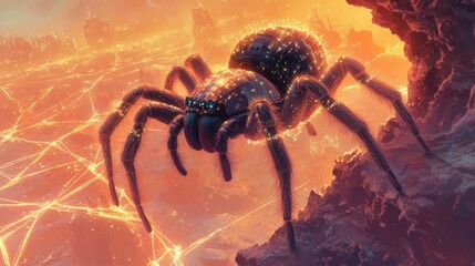 Poster - Giant spider stands atop a glowing web network over cityscape