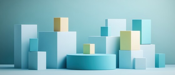 Poster - Group of white and blue geometric blocks arranged in a creative layout with a photo backdrop