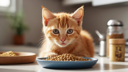 Fluffy ginger kitten sitting on wooden table near a bowl of dry cat food in a cozy kitchen