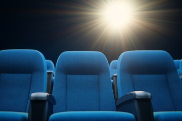 Poster - Silhouette of Empty Blue Cinema Interior with Rows of Unoccupied Seats and a Soft Blue Light, Capturing the Essence of Abandonment and Tranquility in a Movie Theater Setting