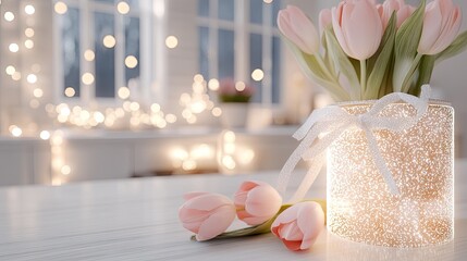 Canvas Print - Bright and stylish kitchen showcases white furniture and pink tulips on a wooden table, enhanced by natural light and soft focus