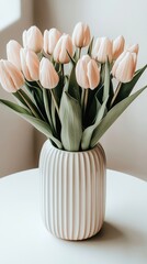 Canvas Print - Bright and stylish kitchen showcases white furniture and pink tulips on a wooden table, enhanced by natural light and soft focus