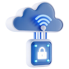 Fototapete - A stylized cloud icon featuring a wireless signal and a secure padlock symbol beneath it.