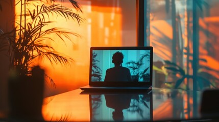 Poster - A laptop on a table shows a person on a video call