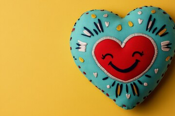 Poster - Smiling turquoise face with heart on a pastel background representing joy and affection