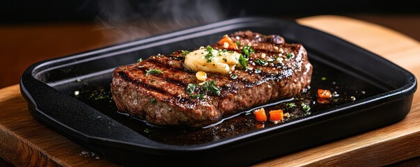 Wall Mural - Grilled Steak with Butter on Sizzling Plate and Fresh Herbs