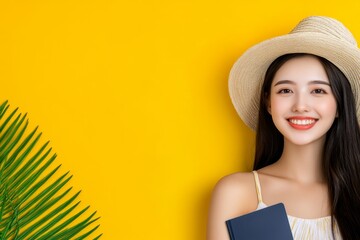Poster - Summer travel concept Flat lay traveler accessories on yellow background with copy space Top view plane, passport, map Travel agency banner design template