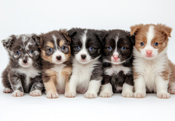 Five Adorable Fluffy Puppies Sitting on White Background