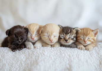 Five Adorable Newborn Kittens Sleeping on a Soft White Blanket