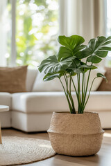 Wall Mural - A bright, sunlit living room with white walls, light wood floors, and a monstera plant in a basket planter